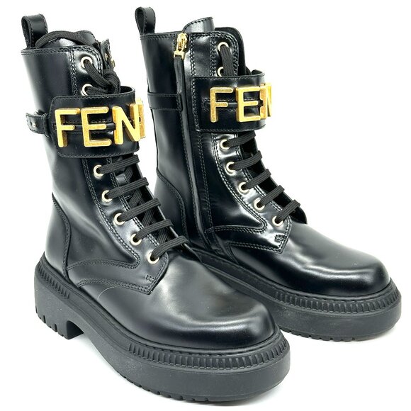 FENDI Fendigraphy Graphy Signature Logo Cuff Leather Biker Combat Boots - Picture 11 of 16
